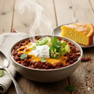 The Coziest Chili Recipe served with cornbread and toppings