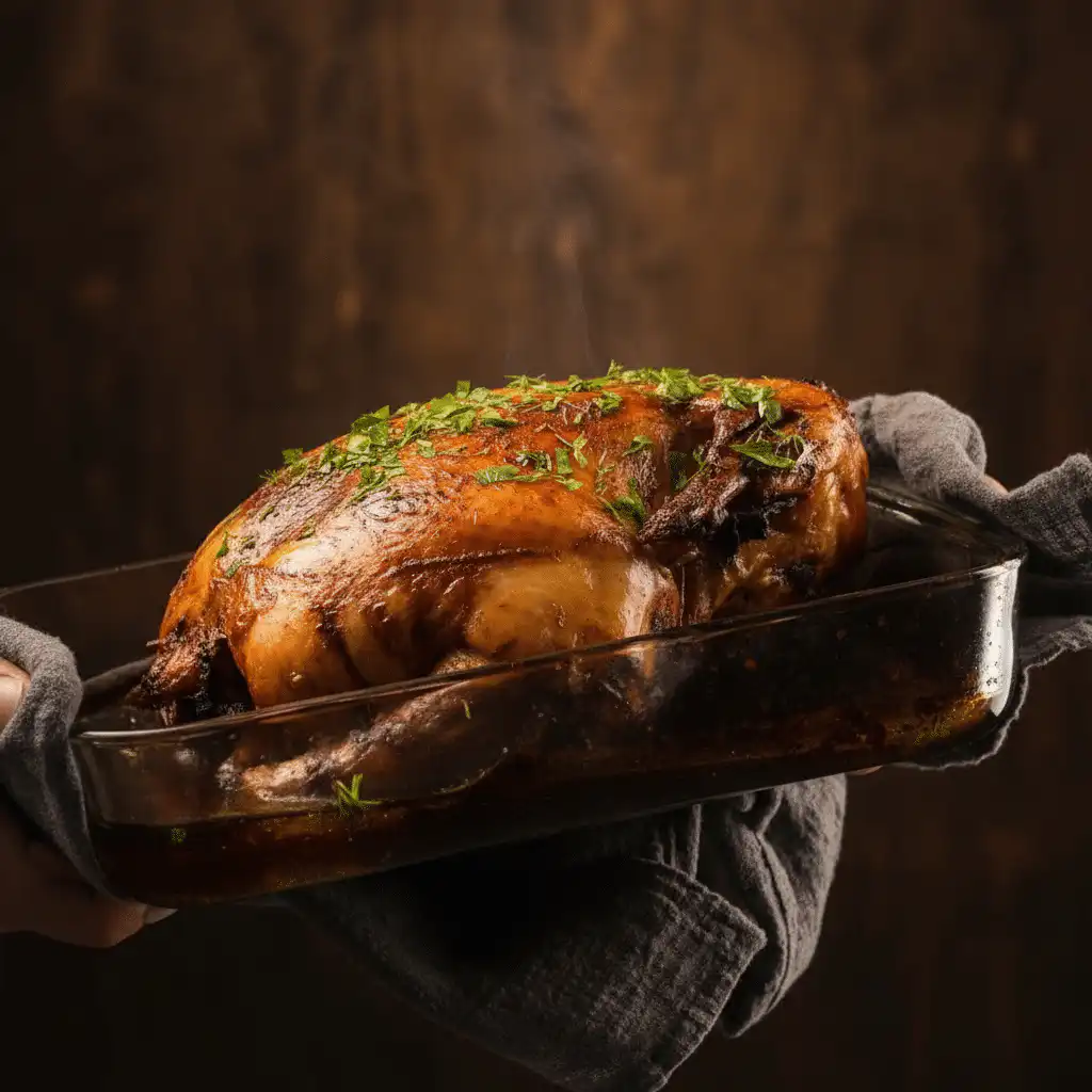 Golden brown turkey cooked in an electric roaster oven