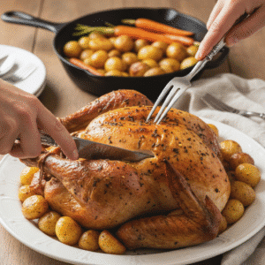 Golden brown turkey cooked in an electric roaster oven