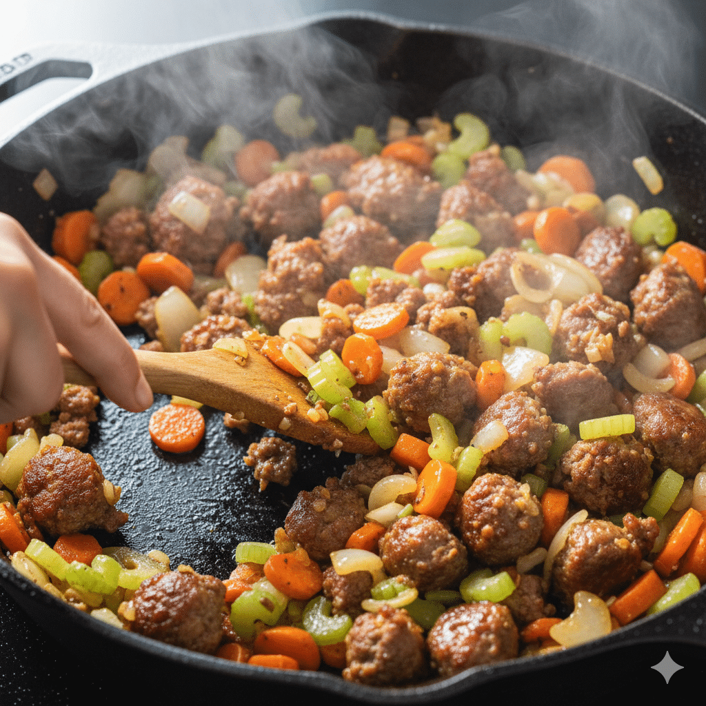 Browning Italian sausage, onions, carrots, and celery in a cast-iron skillet for the Slow Cooker Tuscan White Bean Soup base.