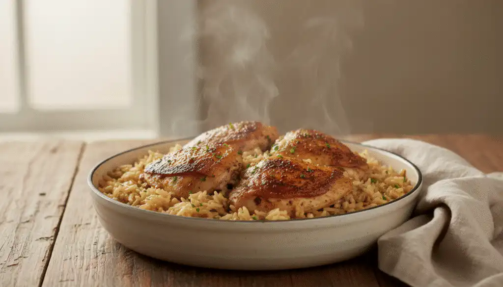 Bowl of One-Pot Creamy Chicken and Rice garnished with parsley on a rustic dinner table.