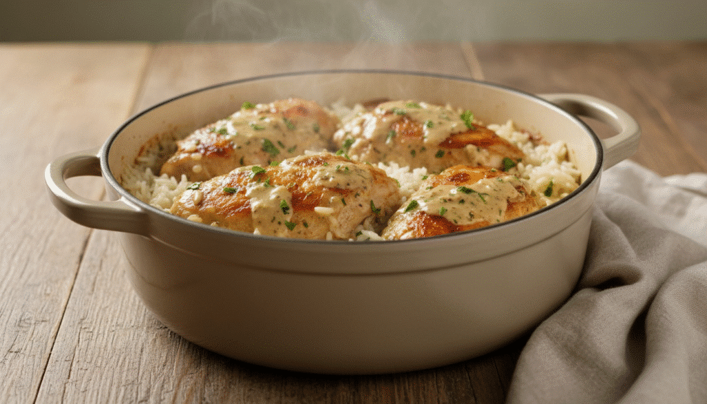 Bowl of One-Pot Creamy Chicken and Rice garnished with parsley on a rustic dinner table.