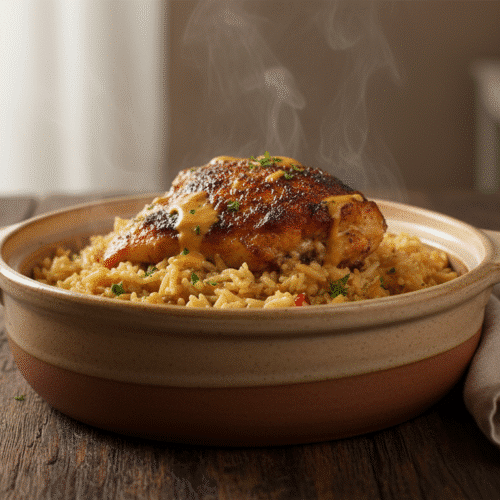 Printed recipe card for One-Pot Creamy Chicken and Rice beside a bowl of the finished dish