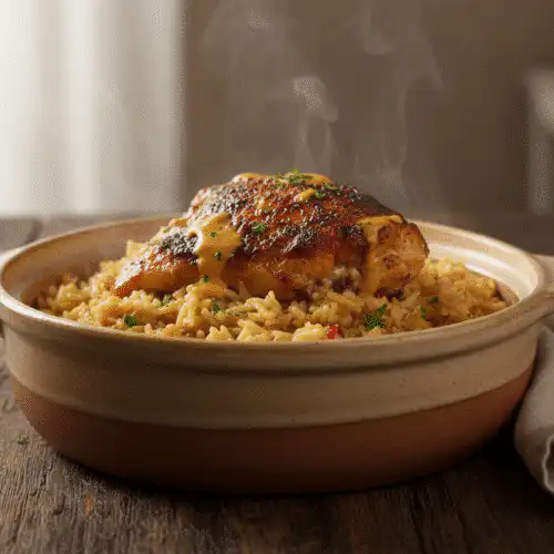 Printed recipe card for One-Pot Creamy Chicken and Rice beside a bowl of the finished dish