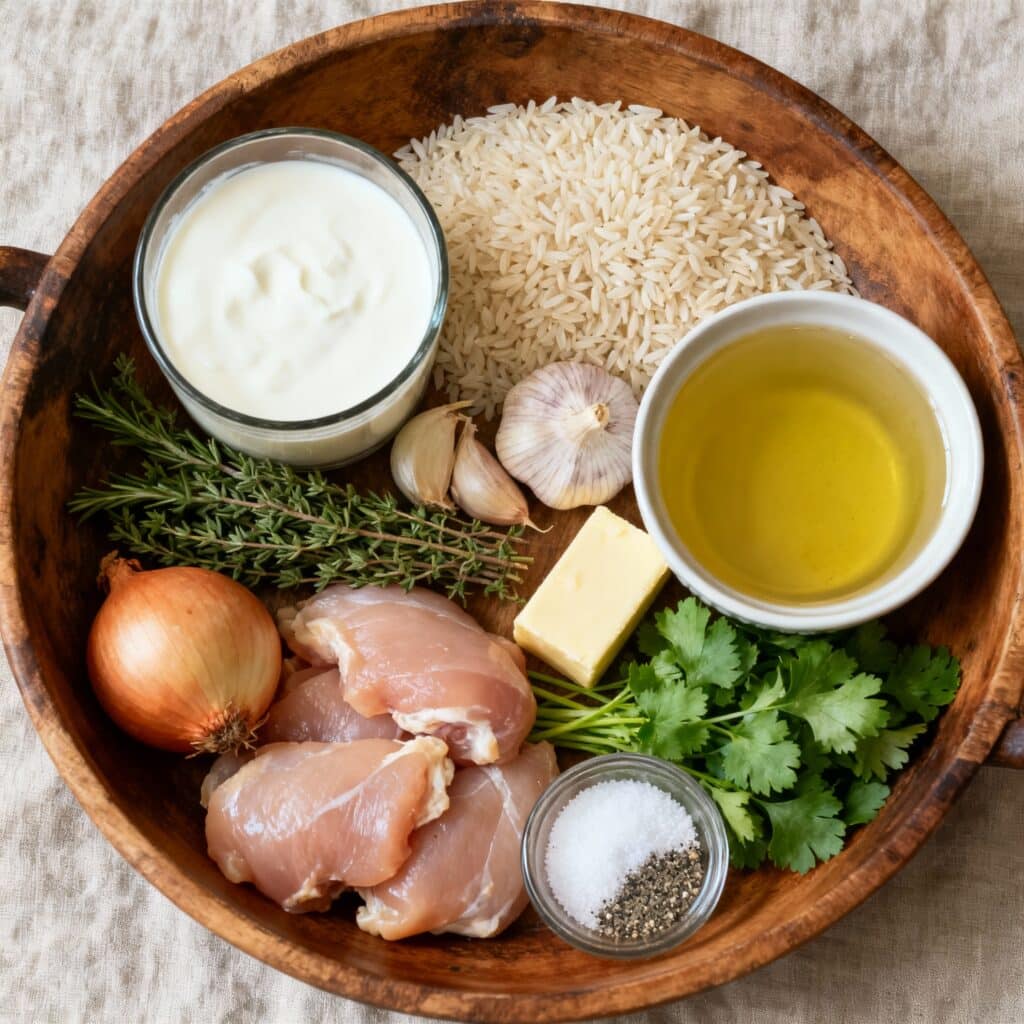 Fresh ingredients for One-Pot Creamy Chicken and Rice including chicken thighs, rice, cream, garlic, and herbs.