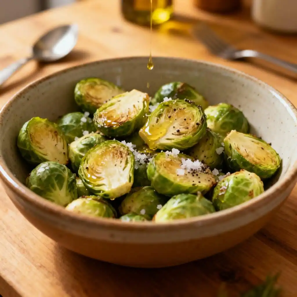 Crispy roasted Brussels sprouts balsamic on tray
