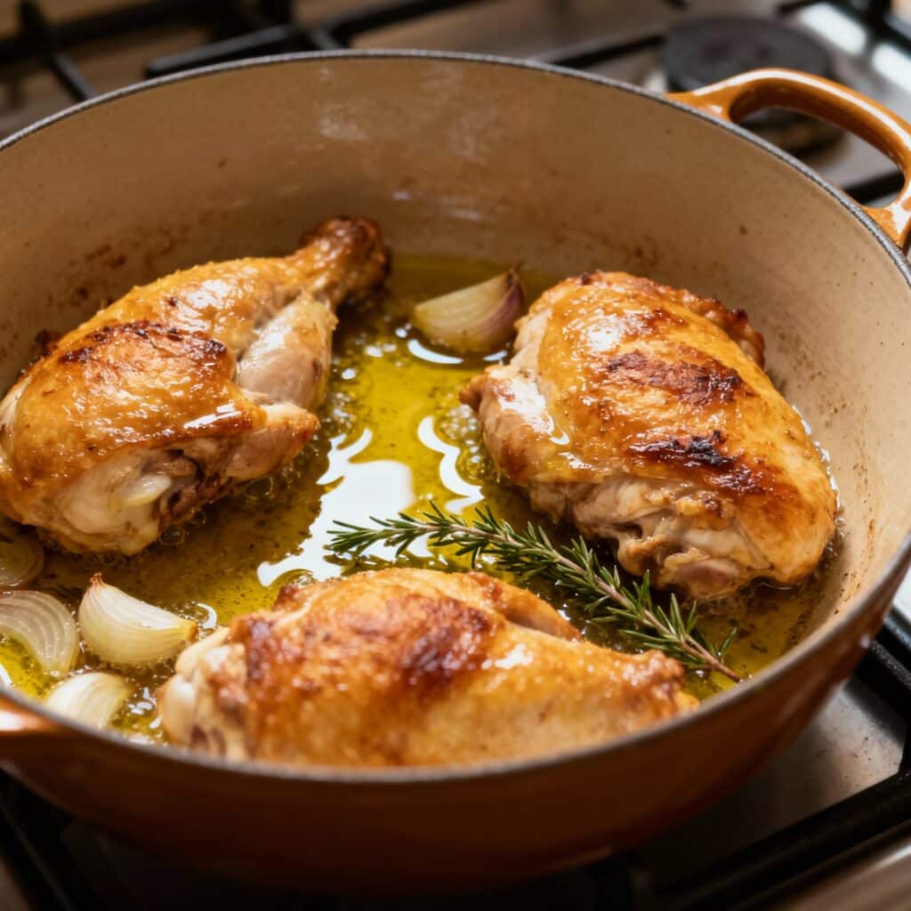 Chicken thighs searing in a skillet with garlic and onions for One-Pot Creamy Chicken and Rice.