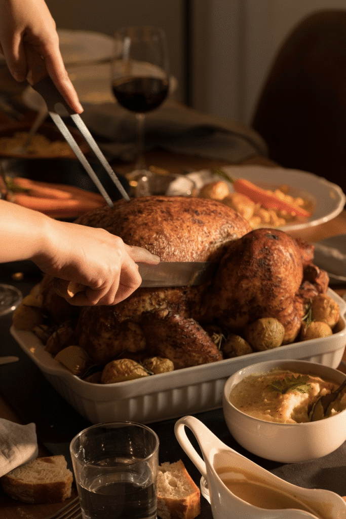 Brushing butter and herbs on turkey in roaster