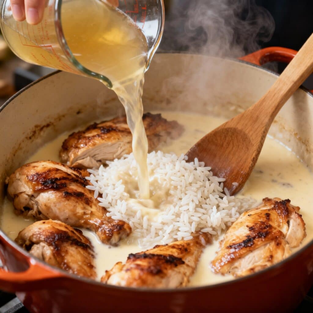 Rice simmering in a creamy chicken broth for One-Pot Creamy Chicken and Rice.