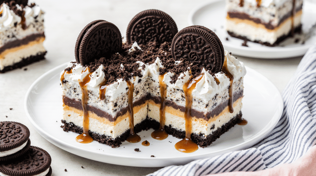 Hands pressing the Oreo crust mixture into a 9x13 pan for the Simple Oreo Ice Cream Dream Cake