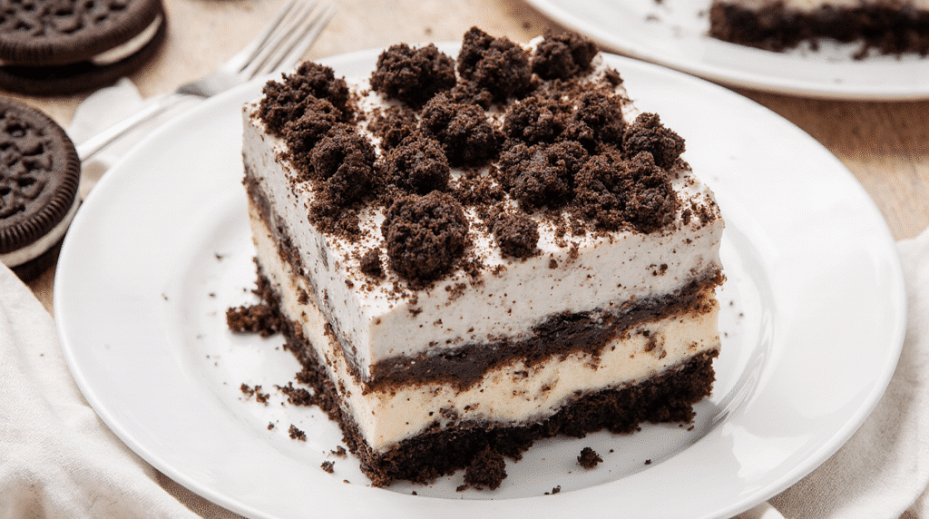 A full view of the Simple Oreo Ice Cream Dream Cake in a 9x13 pan, showing all the perfect layers, with one slice removed.