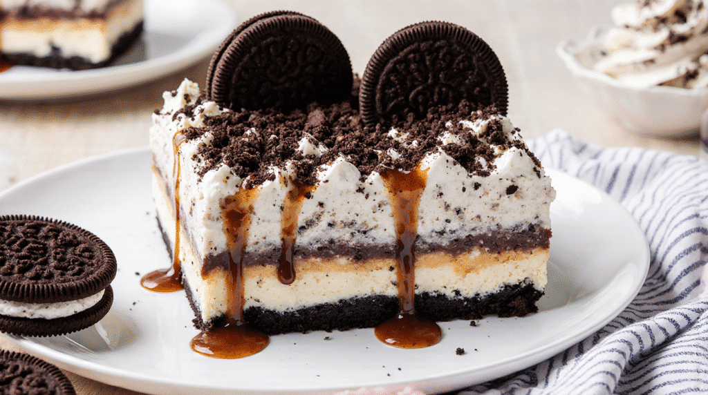 A perfect slice of Simple Oreo Ice Cream Dream Cake on a white plate, showing every layer.