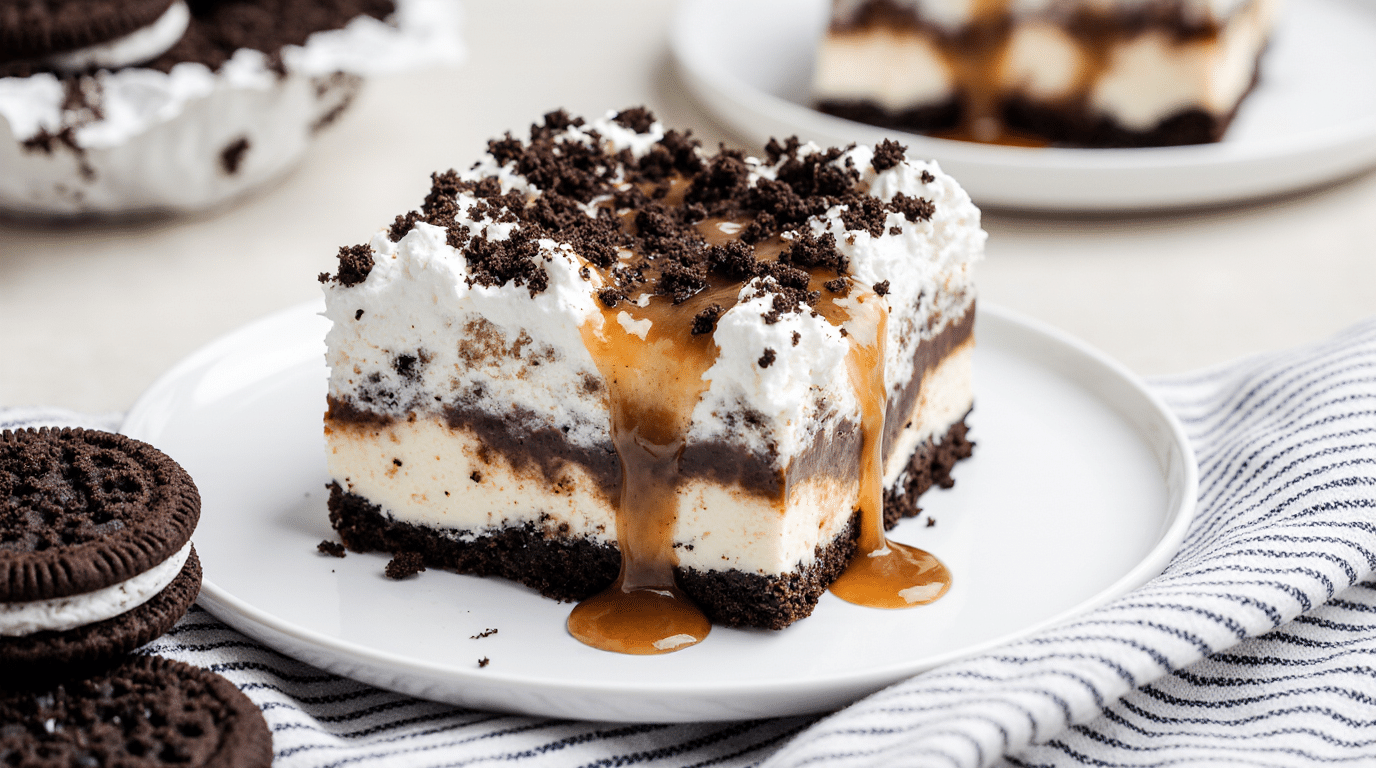 A full view of the Simple Oreo Ice Cream Dream Cake in a 9x13 pan, showing all the perfect layers, with one slice removed.