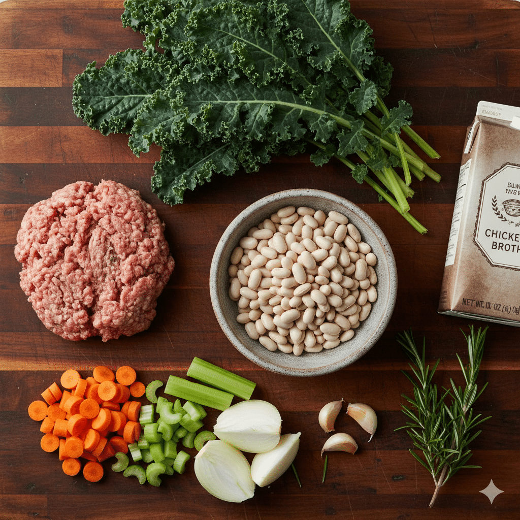 Raw ingredients for Slow Cooker Tuscan White Bean Soup, including cannellini beans, kale, sausage, and carrots, on a wooden board.