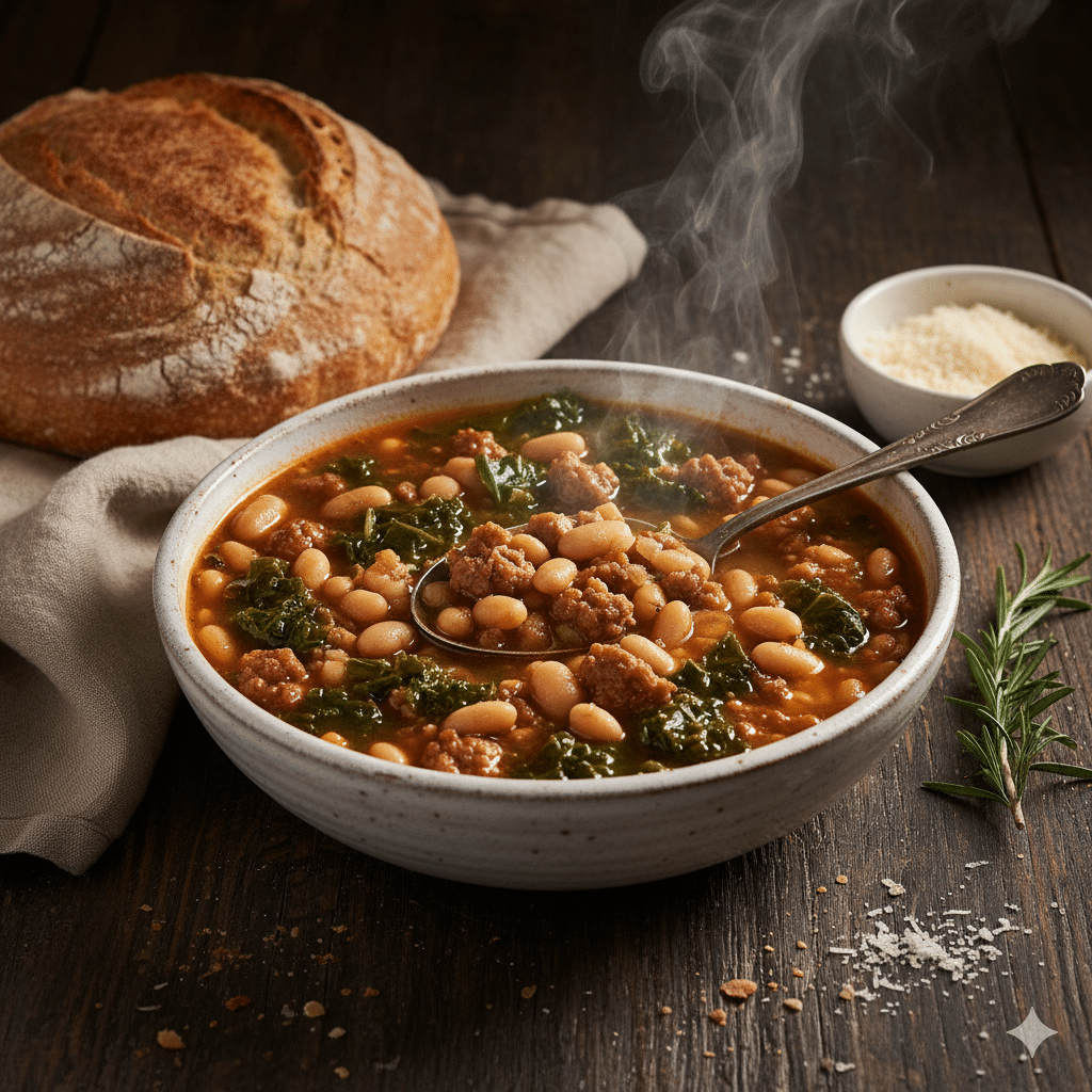 A rustic white bowl filled with hearty Slow Cooker Tuscan White Bean Soup with sausage and kale, served with crusty bread.