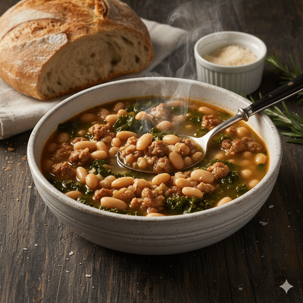 A simple overhead shot of a bowl of Slow Cooker Tuscan White Bean Soup, garnished with parmesan, for the recipe card.