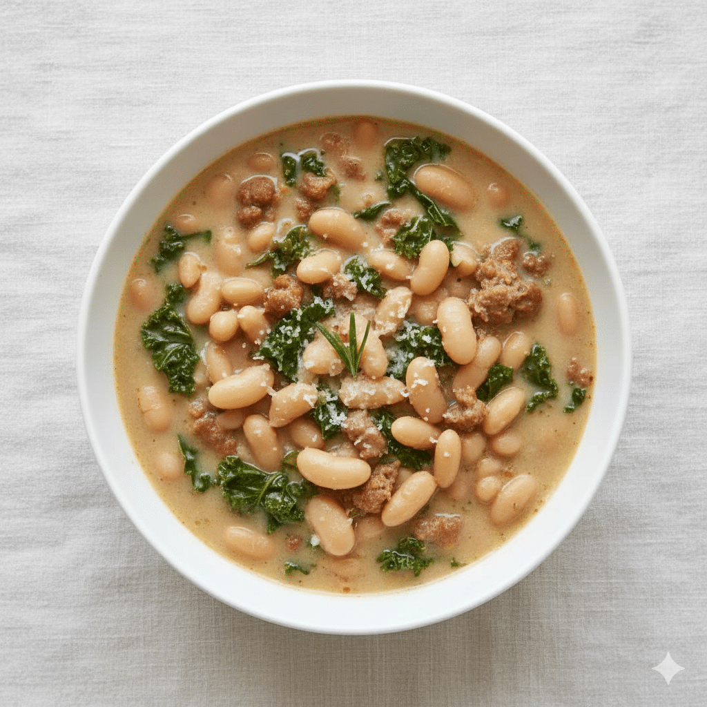 A person holding a warm, cozy mug filled with Slow Cooker Tuscan White Bean Soup.
