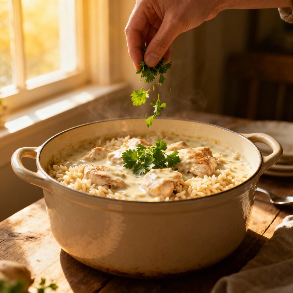 Cream being stirred into One-Pot Creamy Chicken and Rice for a smooth, velvety texture.