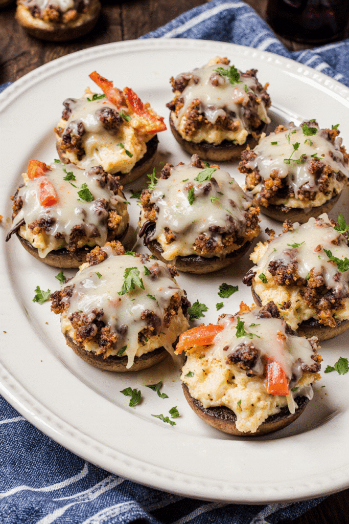 Crispy air fryer stuffed mushrooms with a golden brown topping.