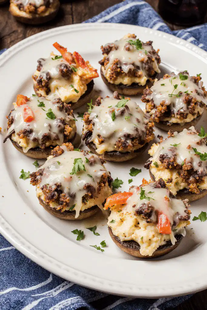 Crispy air fryer stuffed mushrooms with a golden brown topping.