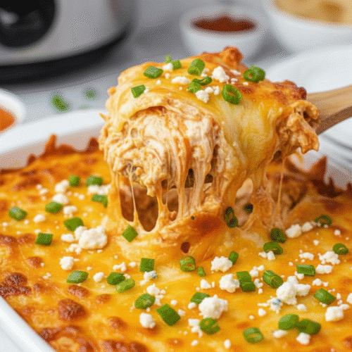 topping buffalo chicken dip with cheese and green onions