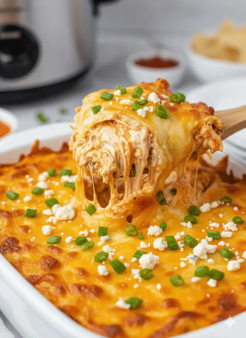 topping buffalo chicken dip with cheese and green onions