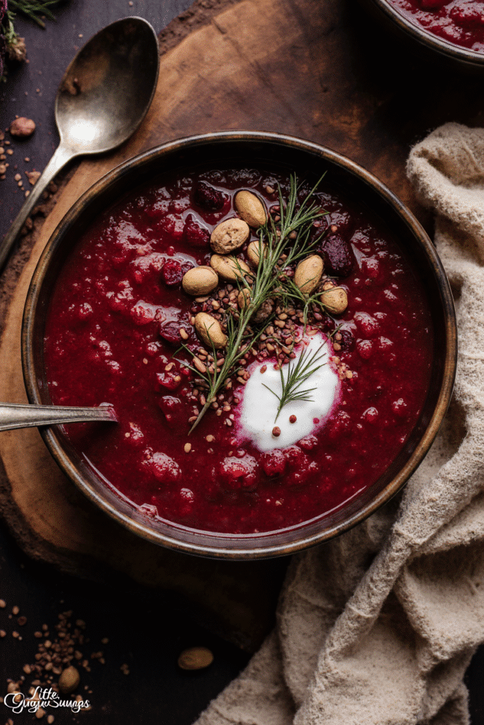 A striking presentation of Beetroot Red Soup Cookie Jam, showing a small bowl of deep red savory soup, a crisp cookie topped with glossy red jam, and fresh microgreens.