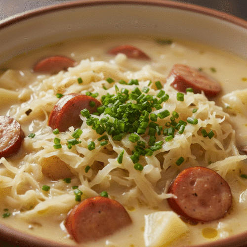 simmering-sausage-potato-sauerkraut-soup