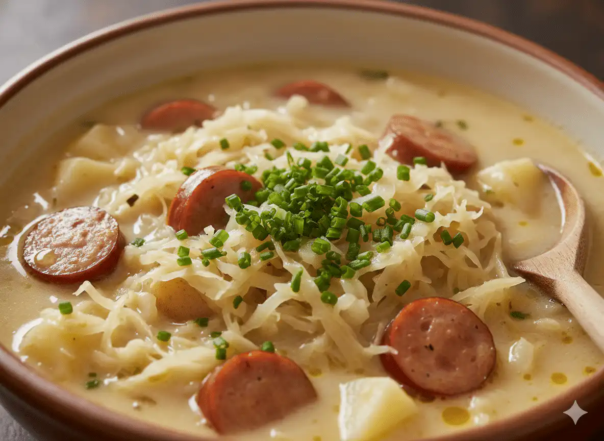 simmering-sausage-potato-sauerkraut-soup