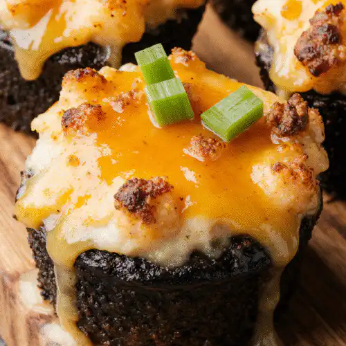 A plate of crispy air fryer sausage-stuffed mushrooms, golden and garnished with fresh parsley.