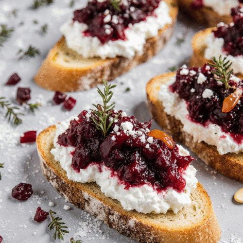 Goat cheese crostini on a serving platter