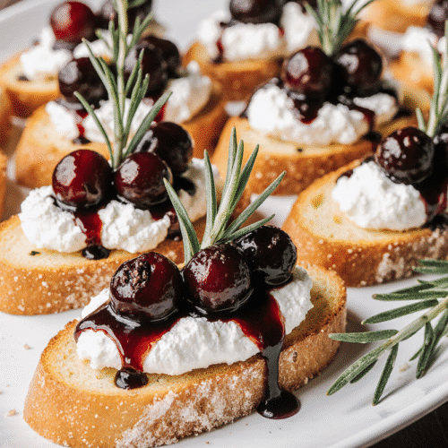 Easy Goat Cheese Crostini with Honey & Thyme on wooden board