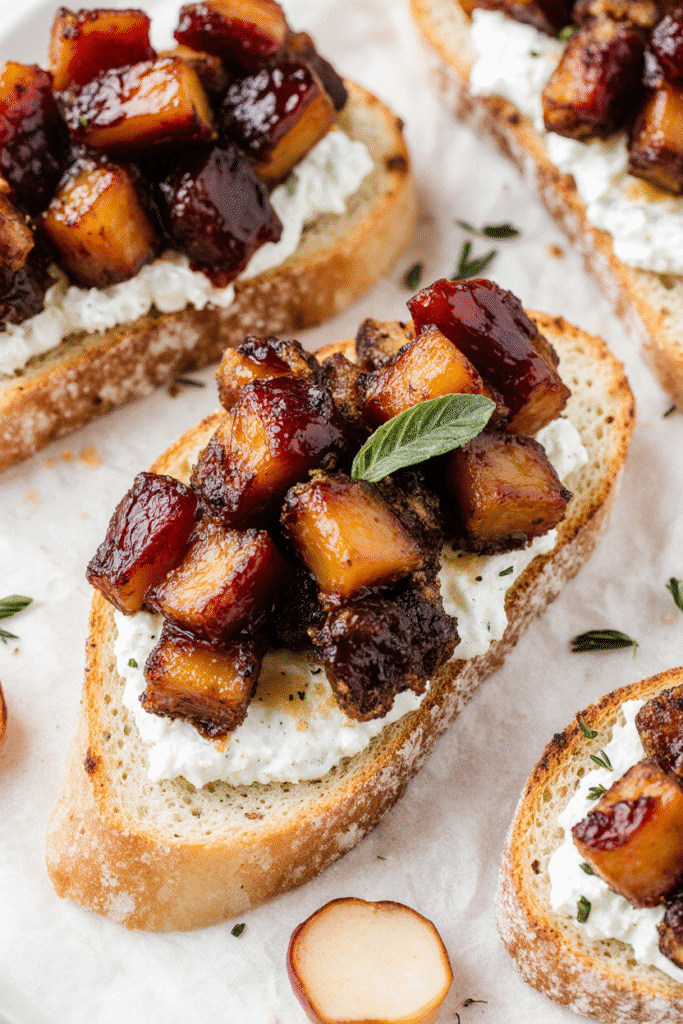 Easy Goat Cheese Crostini with Honey & Thyme on wooden board