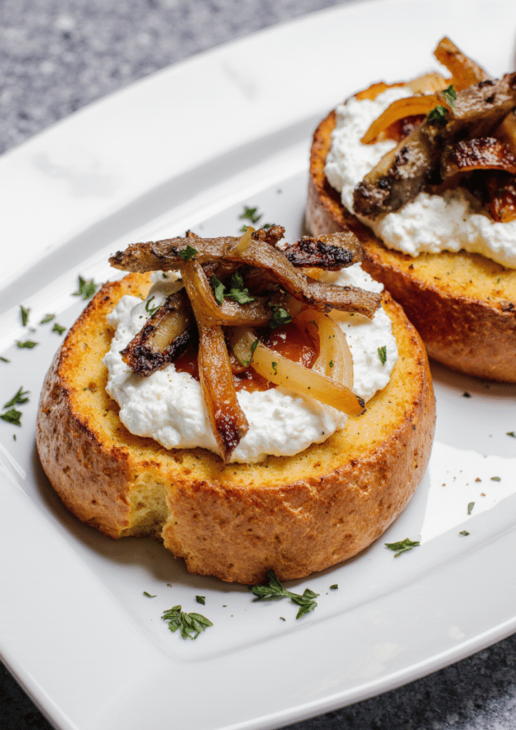 Easy Goat Cheese Crostini with Honey & Thyme on wooden board
