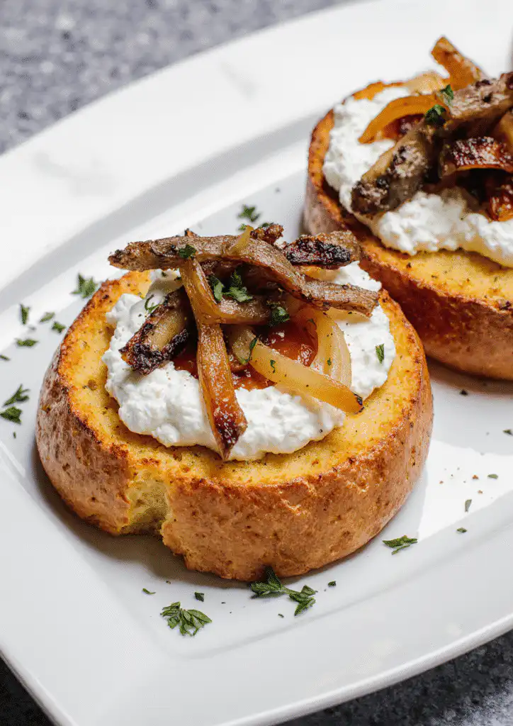 Easy Goat Cheese Crostini with Honey & Thyme on wooden board