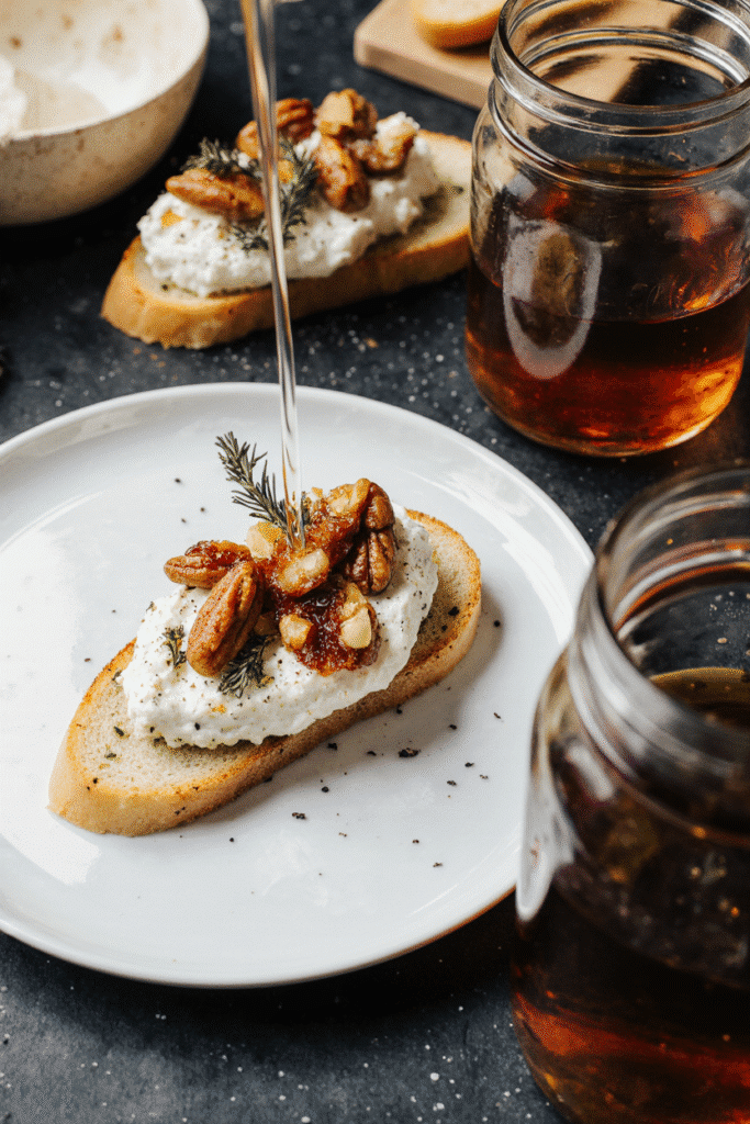 Close-up of goat cheese crostini with honey and thyme
