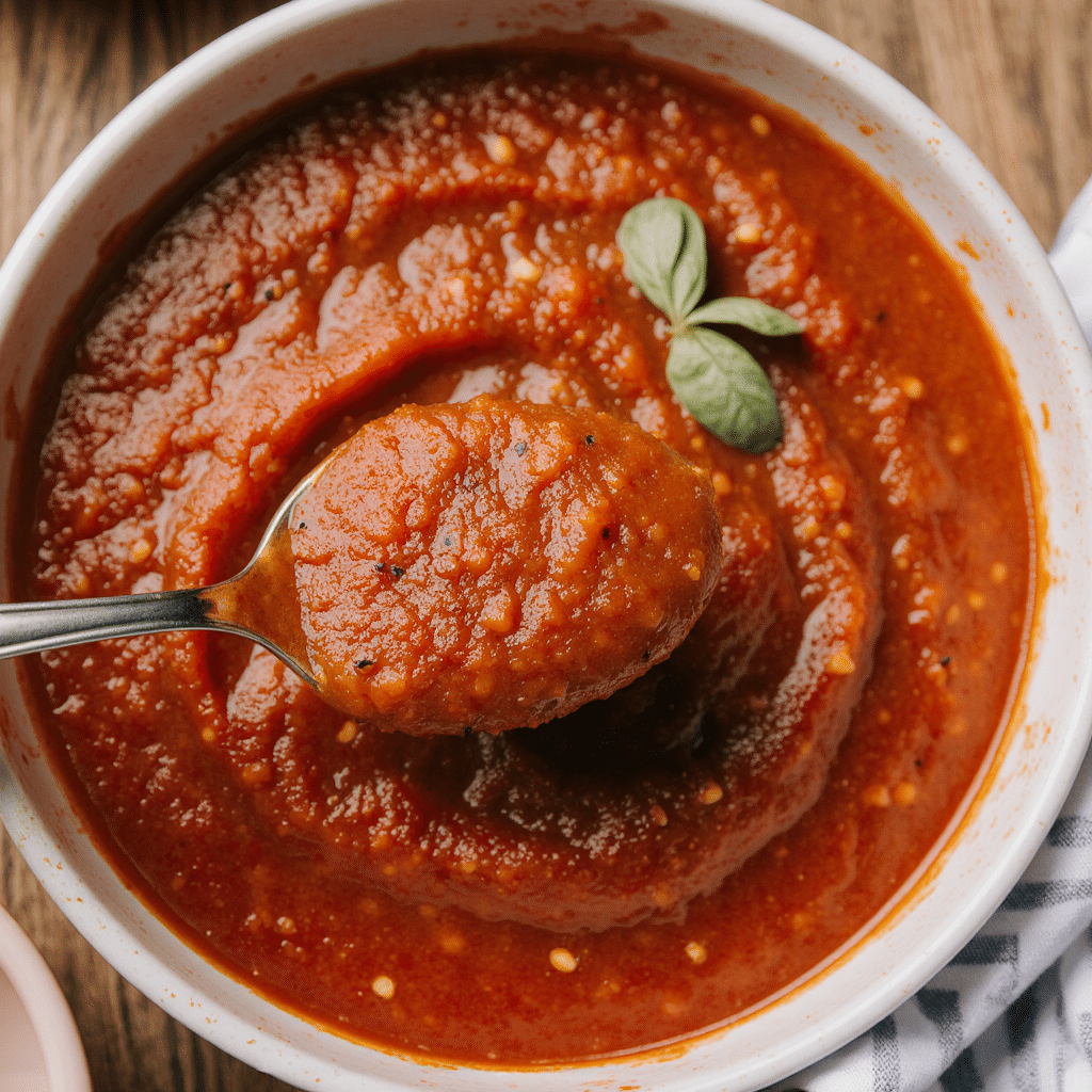 Creamy homemade tomato soup in a bowl, garnished with pesto, beside a half-eaten grilled cheese sandwich for dipping.