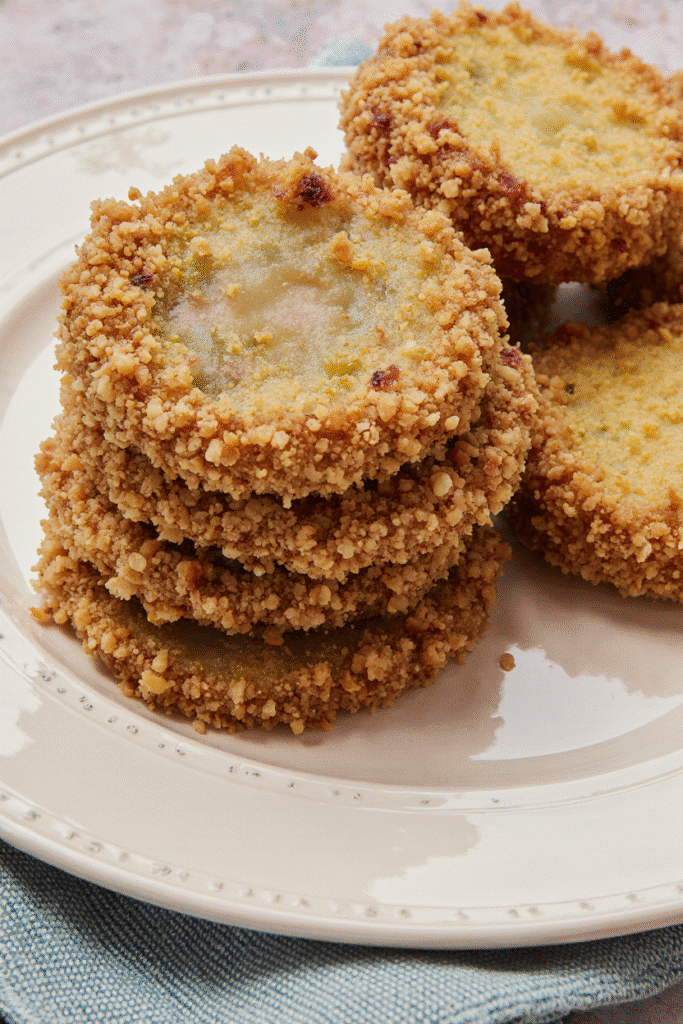 Golden-brown fried green tomatoes on a plate, revealing the vibrant green interior.