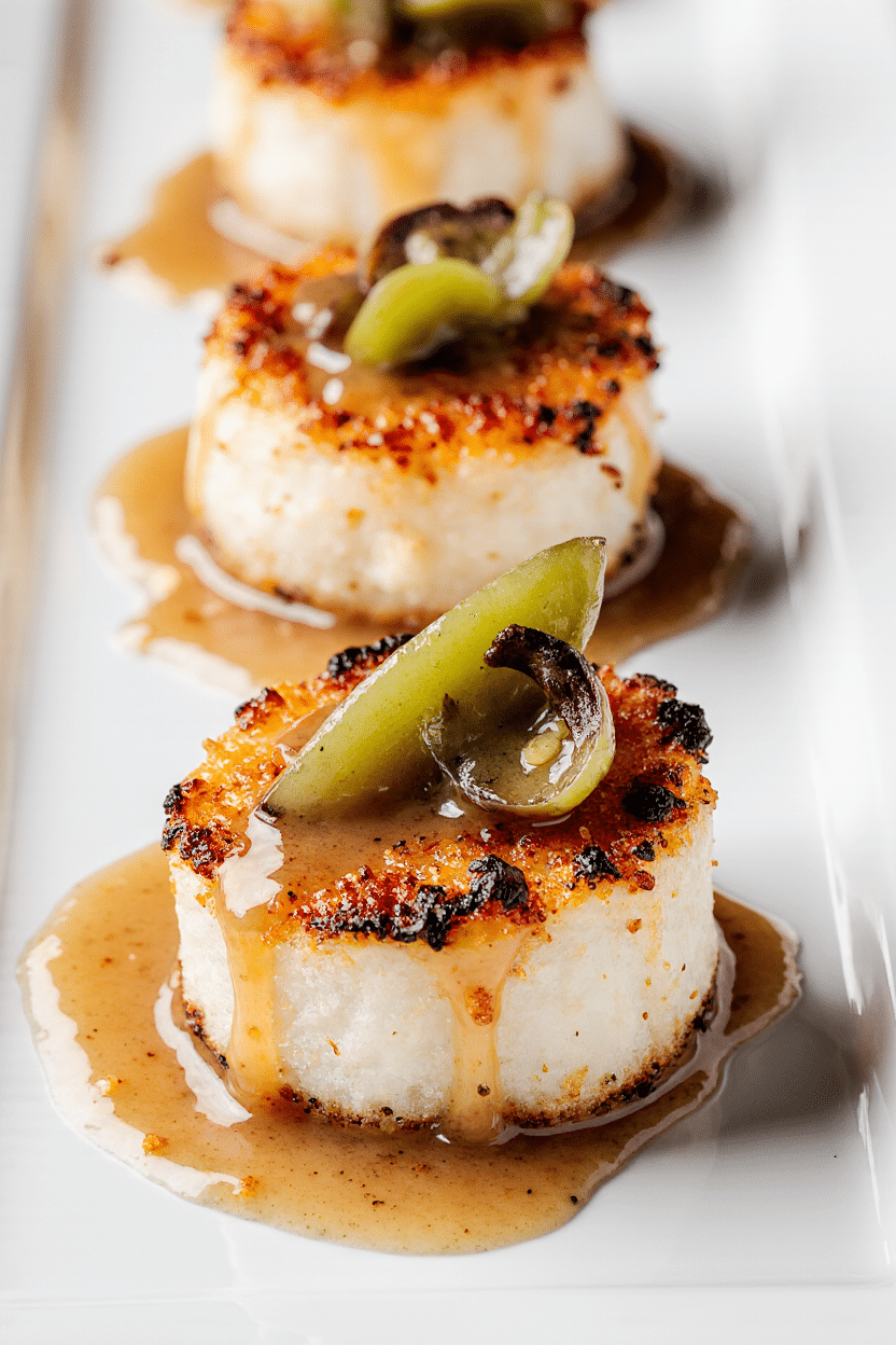 Gourmet Plant-Based Scallops with King Oyster Mushrooms plated beautifully