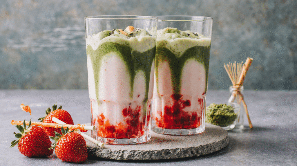 Iced matcha strawberry latte with creamy milk and strawberry puree served in a clear cup with metal straw.