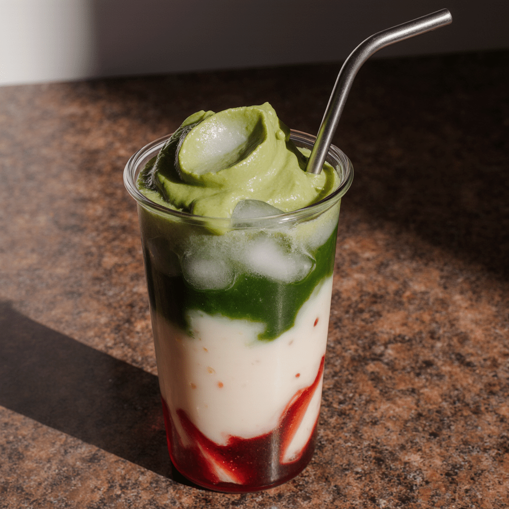Strawberry matcha latte with layers of matcha, strawberry, and red bean toppings in a glass mug.