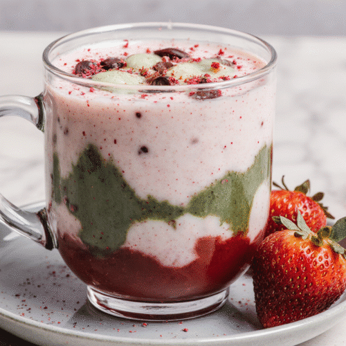 Layered strawberry matcha latte with milk and strawberry puree in a clear glass.