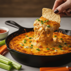 recipe card and bowl of the best easy slow cooker buffalo chicken dip