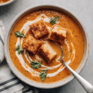 A graphic recipe card summarizing the quick steps and ingredients for the homemade Tomato Soup Recipe With Fresh Tomatoes.