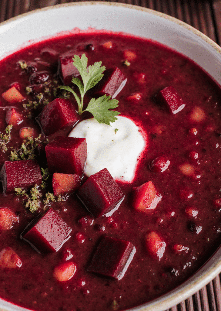 A crisp, dense, slightly tinted cookie topped with a spoonful of glossy beetroot jam, ready to be paired with the soup.