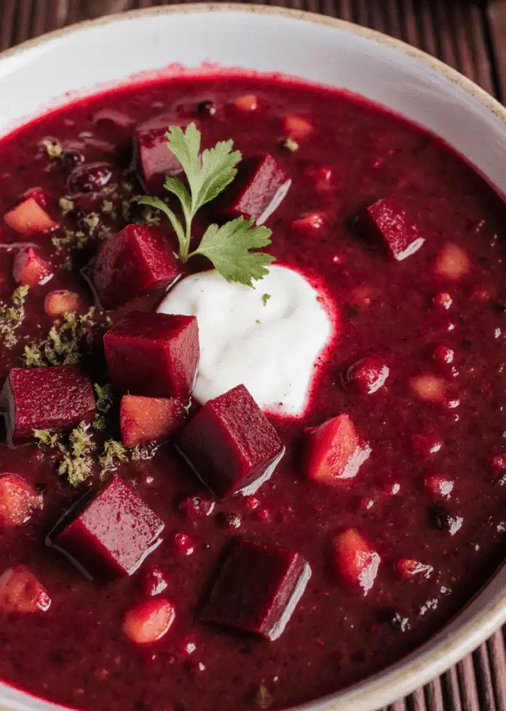 A crisp, dense, slightly tinted cookie topped with a spoonful of glossy beetroot jam, ready to be paired with the soup.