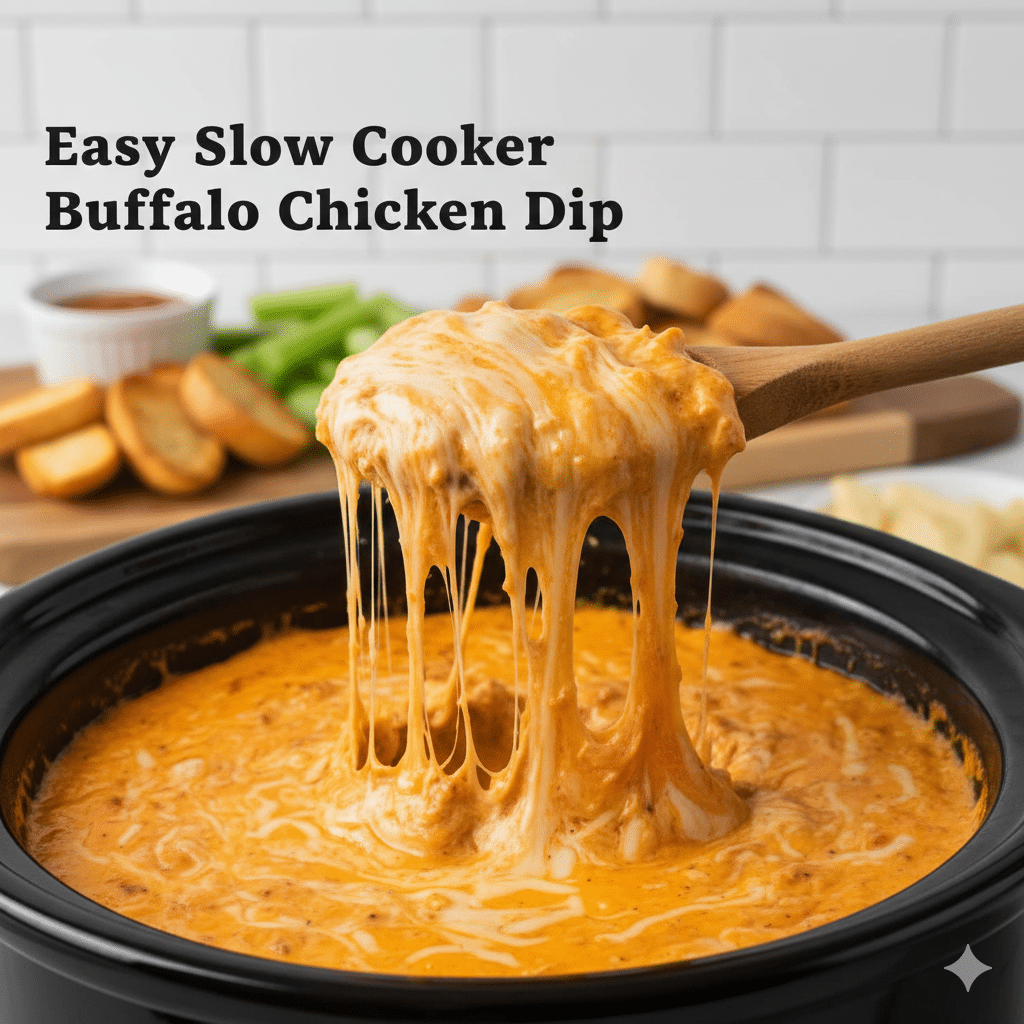 the best easy slow cooker buffalo chicken dip served hot in a crockpot