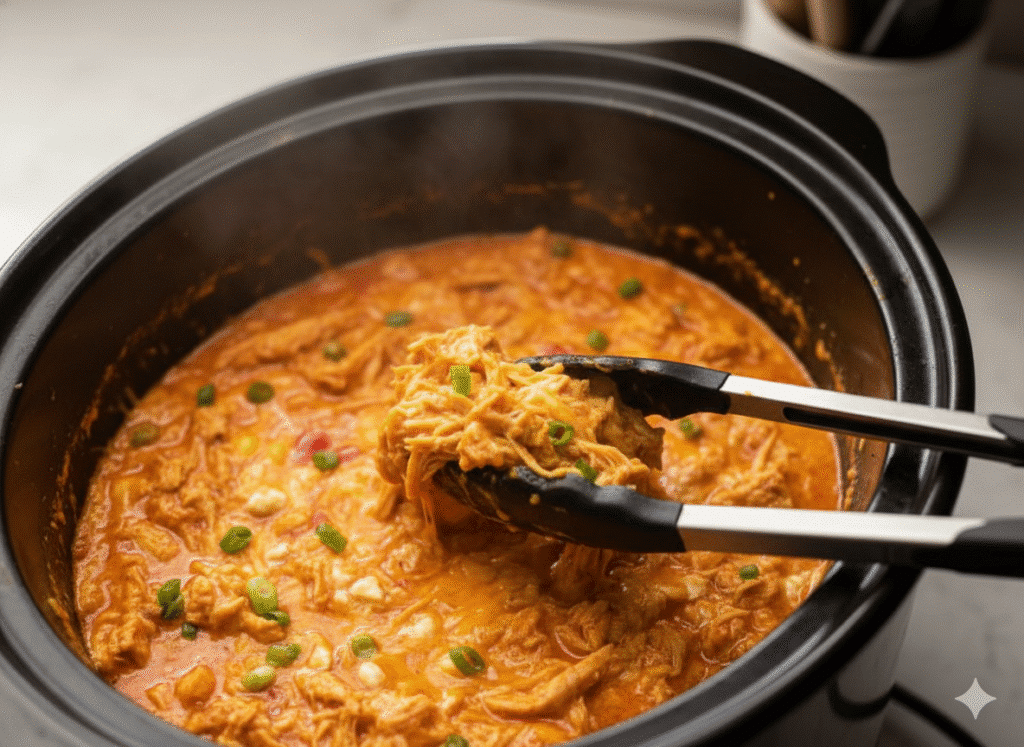 The BEST Easy Slow Cooker Buffalo Chicken Dip 5 mixing ingredients for easy slow cooker buffalo chicken dip