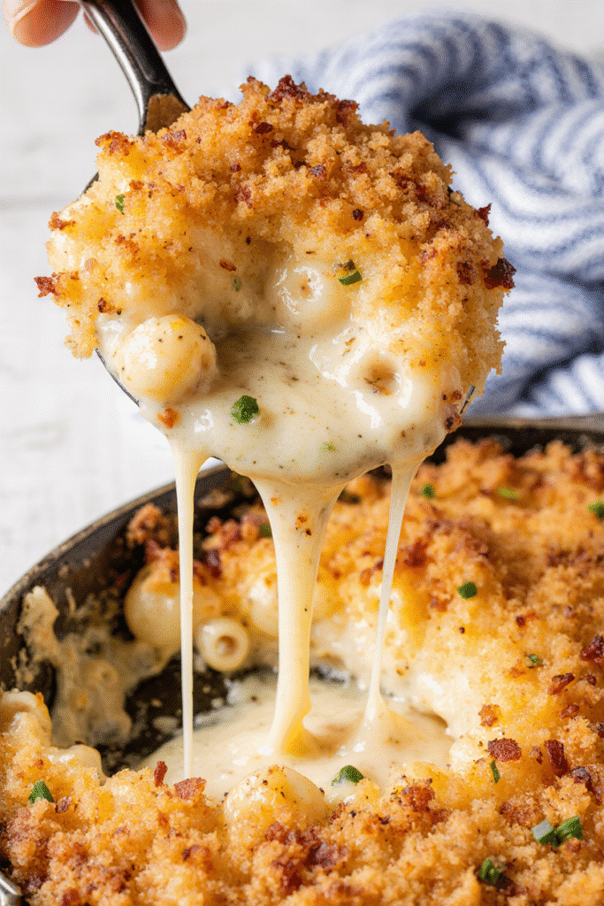 A plate with a generous scoop of smoked mac and cheese alongside barbecued pulled pork and green coleslaw.