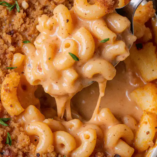 Chef's hands mixing par-cooked macaroni pasta with creamy yellow cheese sauce in a large bowl.